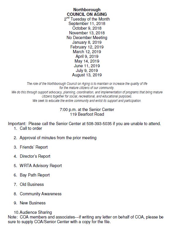 Council on Aging Meeting Schedule of Meetings