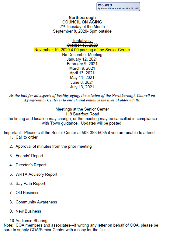 amended COA Agenda with new location for november 10, 2020 meeting
