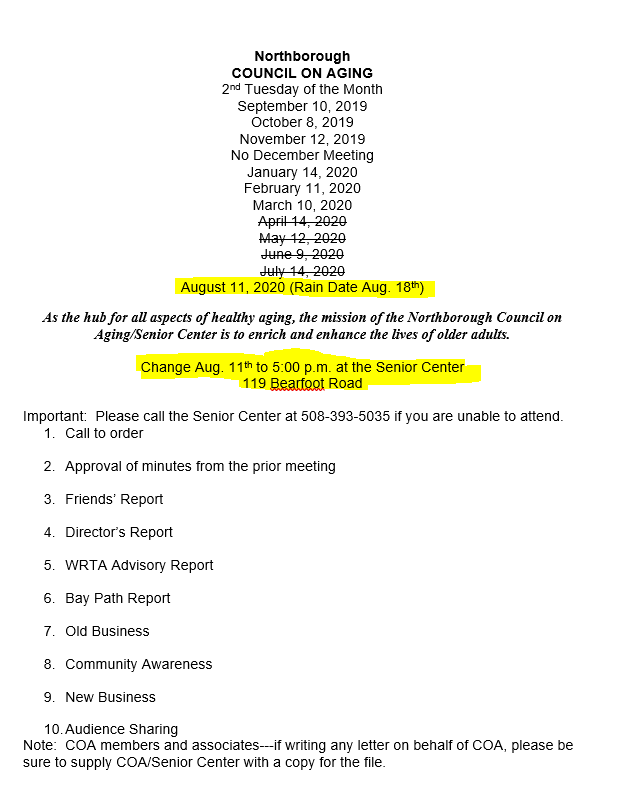 council on aging august 11, 2020 meeting agenda