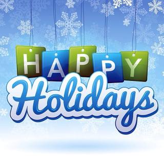 Hapy Holidays in green and blue with a blue background