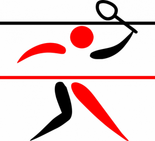 Red and black graphic showing drawn figure serving in pickleball
